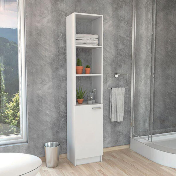 Mueble esquinero aqua, blanco, con variedad de entrepaños