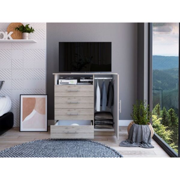 Organizador barlovento, humo y blanco, con cuatro cajones para guardar ropa