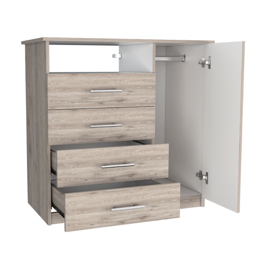 Organizador barlovento, humo y blanco, con cuatro cajones para guardar ropa