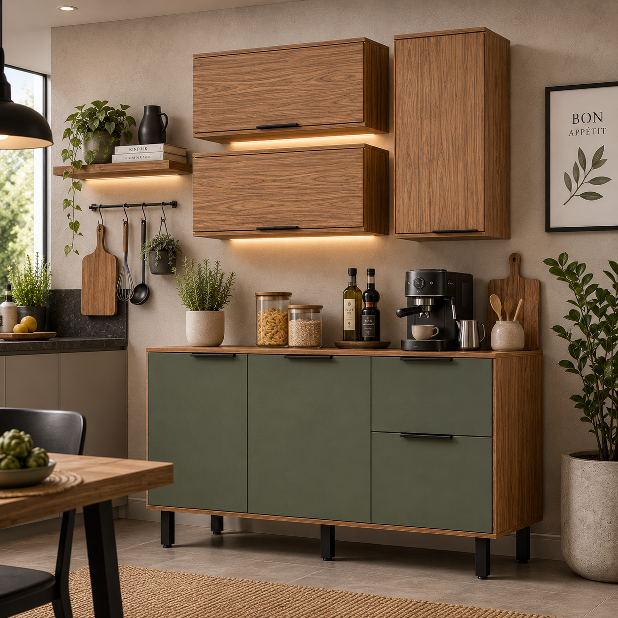 Cocina 200 cm Rosario 5 Puertas 2 Cajones Natural/Oliva