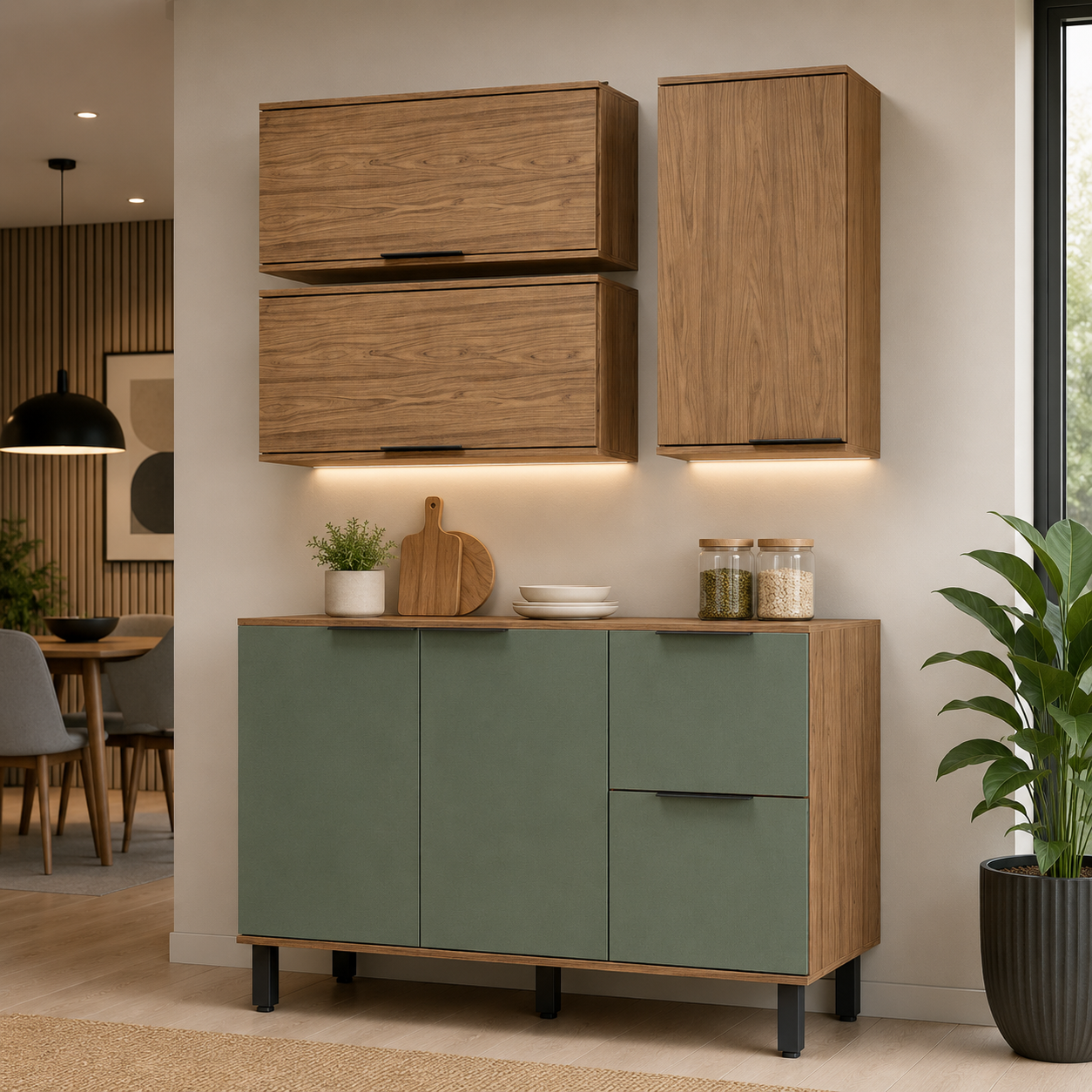 Cocina 200 cm Rosario 5 Puertas 2 Cajones Natural/Oliva