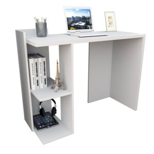 El escritorio Luján con diseño minimalista e innovador en color blanco cuenta con dos estantes para facilitar los elementos necesarios a la hora de trabajar o estudiar