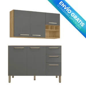 COCINA 120CM JAZMÍN 6 PUERTAS 2 CAJONES MADERADO NATURAL/GRIS envio gratis