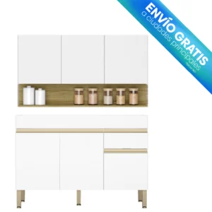 COCINA 120CM MARGARITA 6 PUERTAS 1 CAJÓN BLANCO SUPREMO/MADERADO NATURAL envio gratis