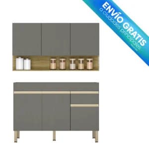 COCINA 120CM STAPELIA 6 PUERTAS 1 CAJÓN GRIS/MADERADO NATURAL envio gratis