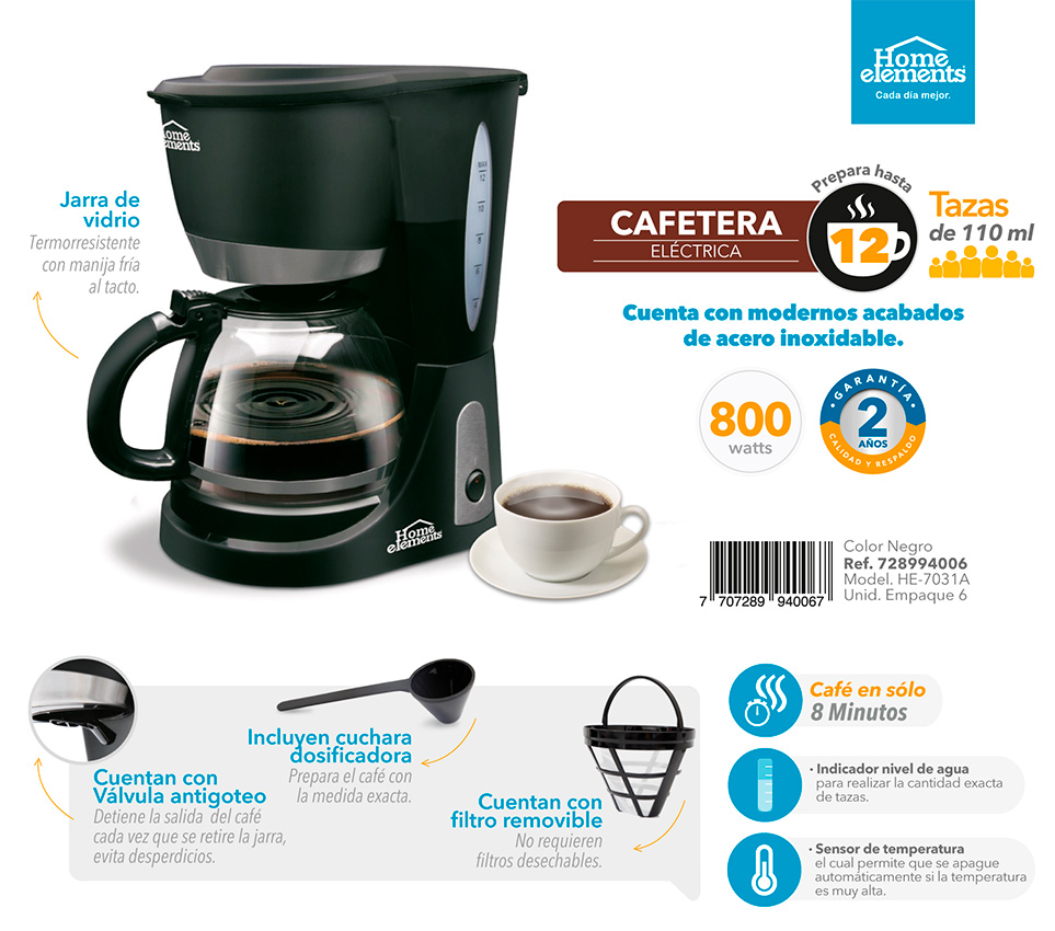 Cafetera Eléctrica 12 tazas - Home Elements - con Jarra en Vidrio